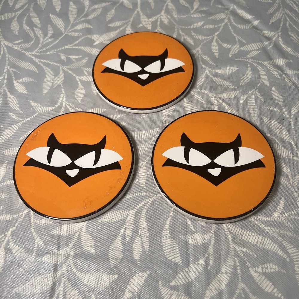 Orange kitschy big eye cat Halloween coasters set of 3
